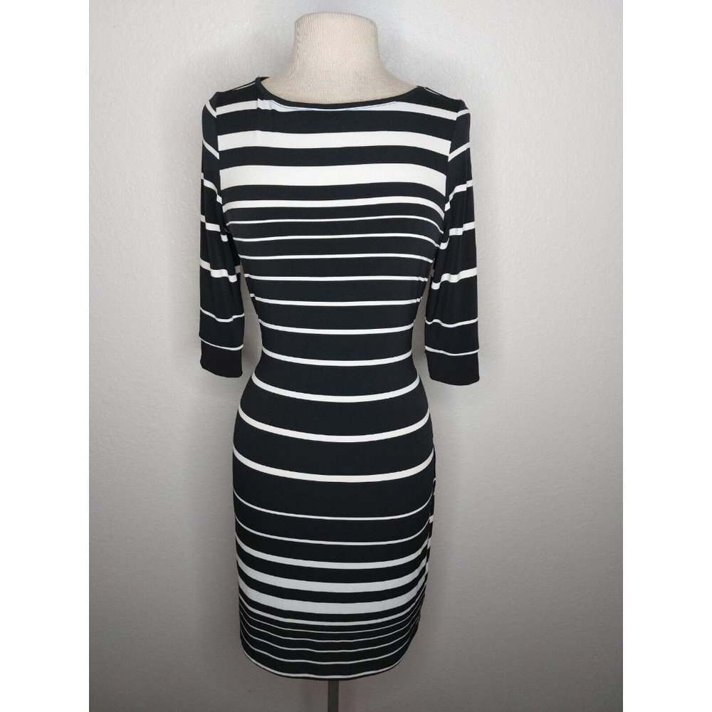 Liz Claiborne Womens Dress Size Small Black White Striped 3/4 Sleeve braided tie